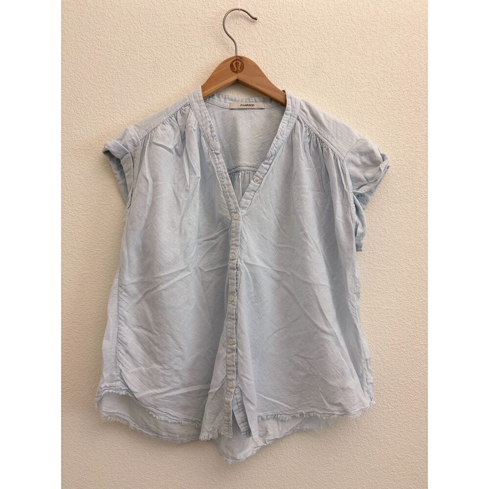PHARAOH Japanese Cotton Light Blue Button Front Blouse Size 1 S Made USA
